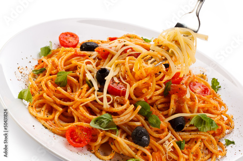 Photo: Pasta with meat, tomato sauce, parmesan and vegetables Pasta with meat, tomato sauce, parmesan and vegetables