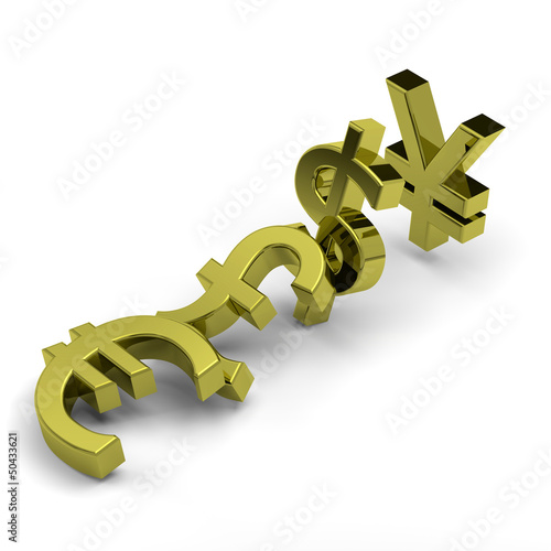 Illustration: Currency symbols domino effect on white, crisis concept Currency symbols domino effect on white, crisis concept