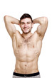 Topless man stood isolated on a white background