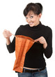 young woman with curiosity looking to present bag