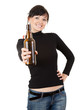 pretty young woman drinking beer, focus on face