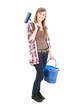 young woman with mop and blue bucket, full length