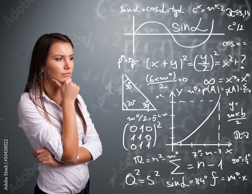 Photo: Beautiful school girl thinking about complex mathematical signs Beautiful school girl thinking about complex mathematical signs