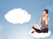 Young girl sitting on cloud and thinking of abstract speech bubb