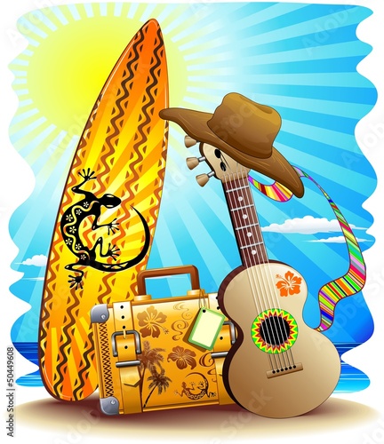 Vector: Suitcase Surf and Guitar Summer Fun-Valigia Surf e Chitarra Suitcase Surf and Guitar Summer Fun-Valigia Surf e Chitarra