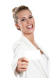 business woman showing a blank business card