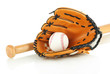 Baseball glove, bat and ball isolated on white