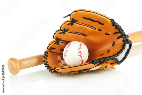 Photo: Baseball glove, bat and ball isolated on white Baseball glove, bat and ball isolated on white