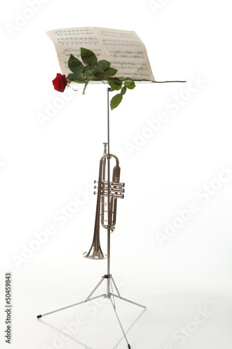 Photo: red rose, old notes Sheet and trumpet - music red rose, old notes Sheet and trumpet - music