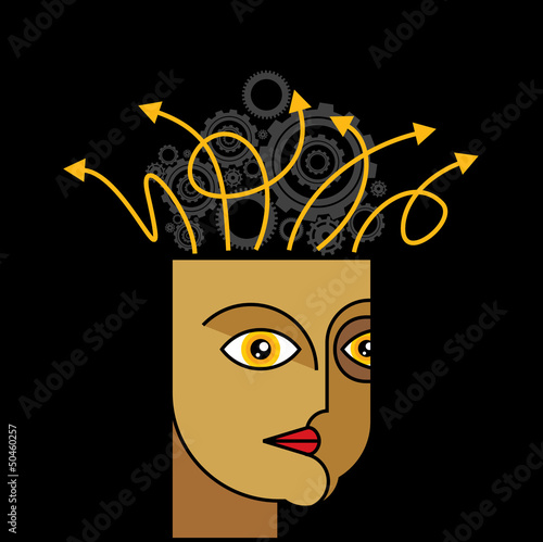 Vector: Thoughts and options - vector illustration of head with arrows Thoughts and options - vector illustration of head with arrows