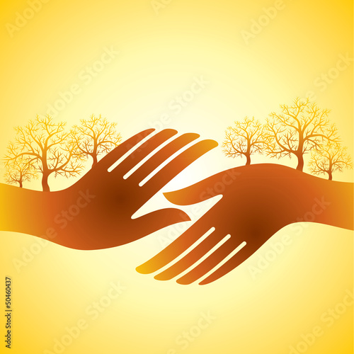 Vector: hands shake with tree hands shake with tree