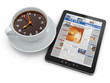 Illustration: Morning news. Tablet pc and clock as cup of coffee Morning news. Tablet pc and clock as cup of coffee