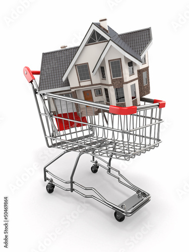 Illustration: Property market. House in shopping cart Property market. House in shopping cart