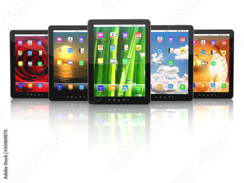 Illustration: Group of digital tablet pc with different screen backgrounds. Group of digital tablet pc with different screen backgrounds.