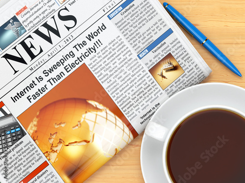 Illustration: Coffee cup, newspaper and pen on table Coffee cup, newspaper and pen on table