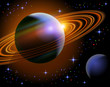 Planet Saturn and one of its moon in the starry space