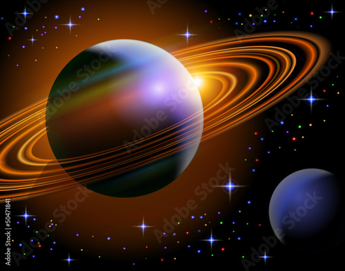 Illustration: Planet Saturn and one of its moon in the starry space Planet Saturn and one of its moon in the starry space