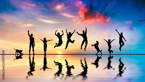 Illustration: Happy friends, family with dog and cat jumping at sunset Happy friends, family with dog and cat jumping at sunset