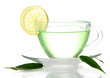 Transparent cup of green tea with lemon, isolated on white
