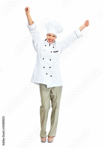 Photo: Happy chef woman. Happy chef woman.