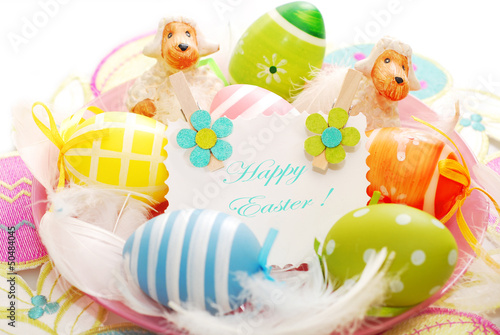 Photo: colorful easter eggs and greetings card colorful easter eggs and greetings card