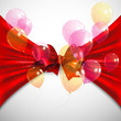 background with red bow and flying transparent balloons