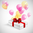 gift box with red bow and flying  transparent balloons