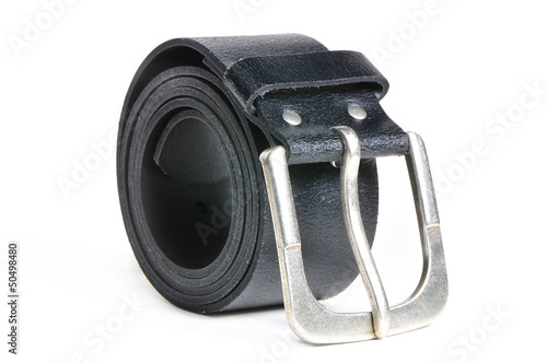 Photo: Black leather belt with silver buckle isolated over white Black leather belt with silver buckle isolated over white