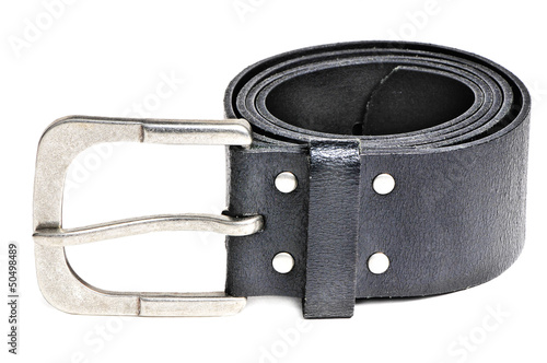 Photo: Black leather belt with silver buckle isolated over white Black leather belt with silver buckle isolated over white