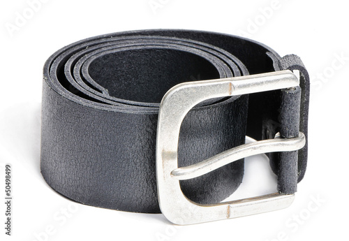 Photo: Black leather belt with silver buckle isolated over white Black leather belt with silver buckle isolated over white