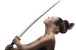 brunette in japan style with katana in profile