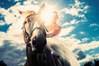 Bride in wedding dress riding a horse, backlit