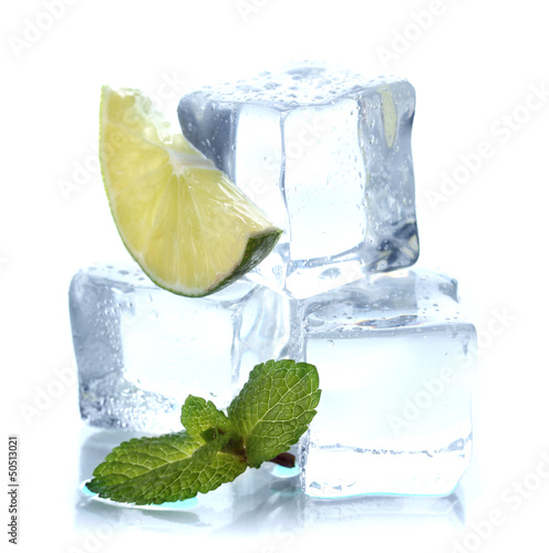 Photo: Ice with mint and lime isolated on white Ice with mint and lime isolated on white