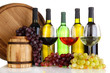 Assortment of wine in glasses and bottles isolated on white
