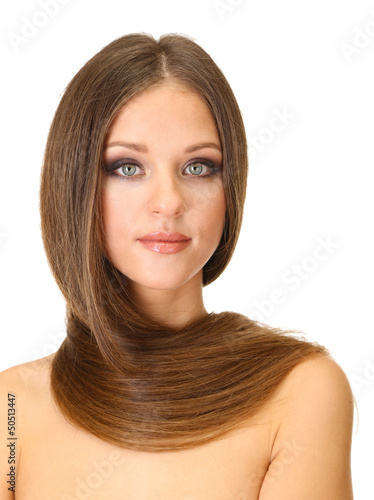 Photo: Portrait of beautiful woman with long hair, isolated on white Portrait of beautiful woman with long hair, isolated on white