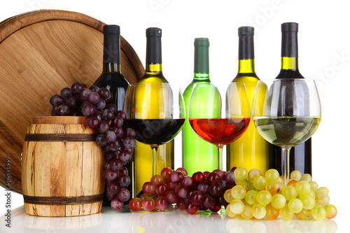 Photo: Assortment of wine in glasses and bottles isolated on white Assortment of wine in glasses and bottles isolated on white
