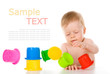 Child playing with educational cup toys. Isolated on white