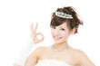 Beautiful asian woman dressed as a bride on white background