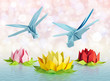origami blue dragonfly and lotus
