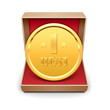 Golden medal in red gift box.
