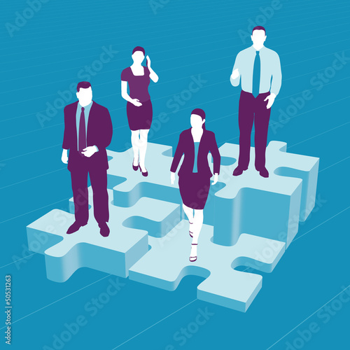 Illustration: Geschäftsleute auf Puzzle-Teilchen - Business Netzwerk Geschäftsleute auf Puzzle-Teilchen - Business Netzwerk
