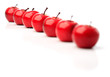 A set of seven red plastic apples in a row