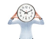 Close up of young woman with analog clock over her face
