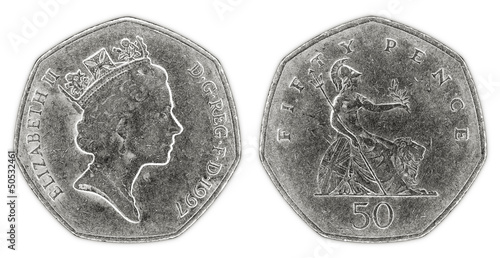 Photo: A well worn fifty pence coin with Queen Elizabeth II A well worn fifty pence coin with Queen Elizabeth II