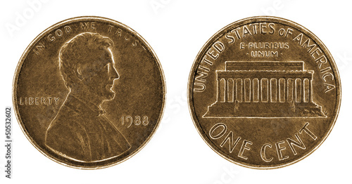 Photo: A well worn one cent coin with Lincoln on a white background A well worn one cent coin with Lincoln on a white background