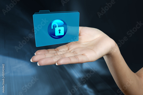 Photo: a digital folder floats on a woman's hand a digital folder floats on a woman's hand