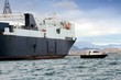 Cargo ship and pilot cutter sailing close to coast