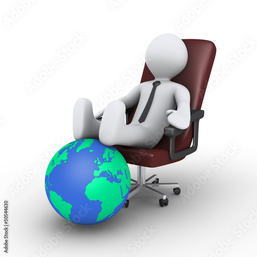 Illustration: Businessman relaxing with feet on globe Businessman relaxing with feet on globe