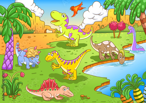 Vector: Cute dinosaurs in prehistoric scene Cute dinosaurs in prehistoric scene