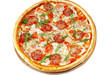 Pizza with pepperoni,ham, bavarian sausages  over white.